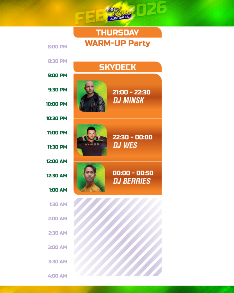 2026 DJ schedule — Thursday warm-up party